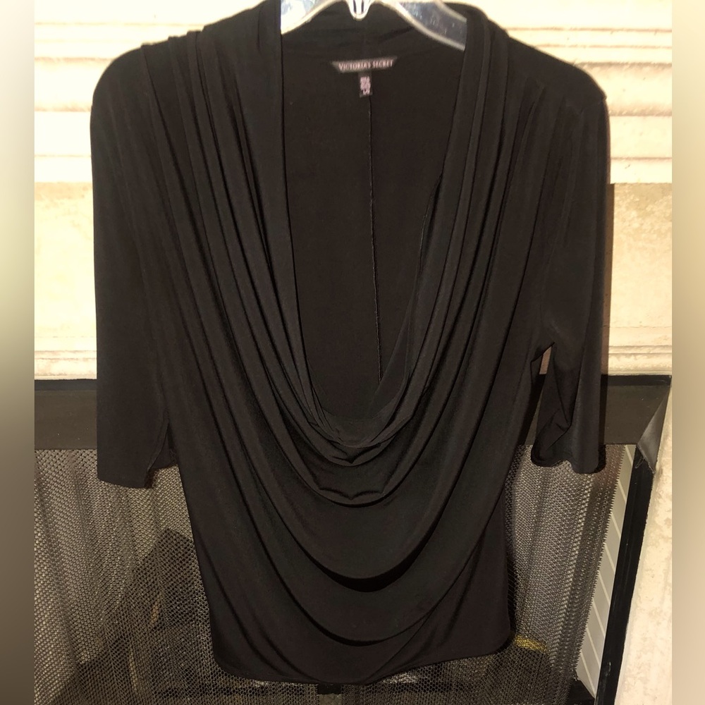 Victoria's Secret Black Cowl Neck Pullover Top 3/4 Slvs Front Draped Detailing